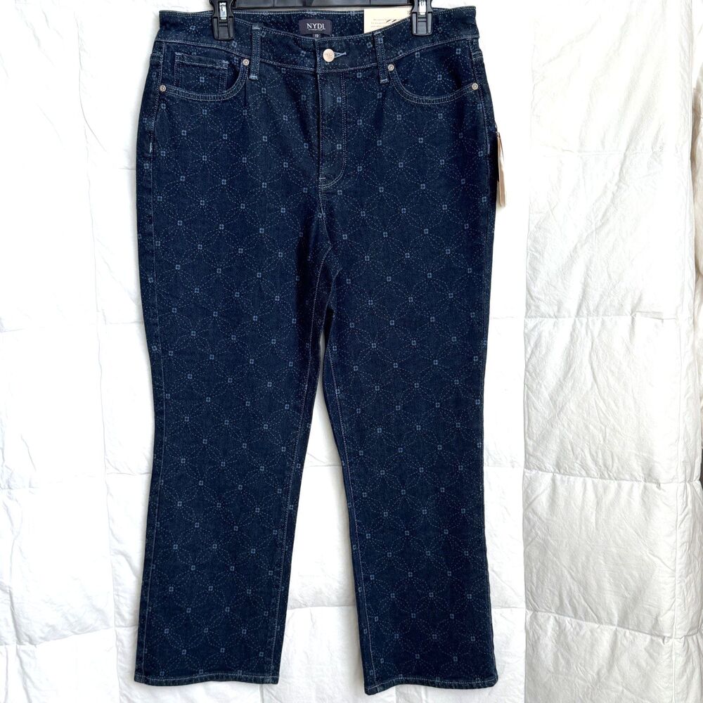 NWT NYDJ Marilyn Straight-Leg Ankle Jeans w/ Novelty Details Geo Flower Print 12